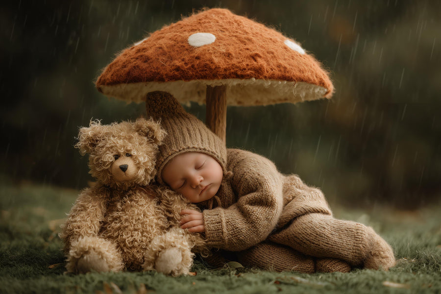 woodland baby scene with teddy bear and fairy lights, perfect for fall newborn photography backdrop