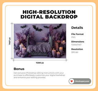 Newborn Digital Photography Background, Halloween Purple Studio Baby Girl Prop, Bats, Candles, Wood Bed, Photoshop Composite Template