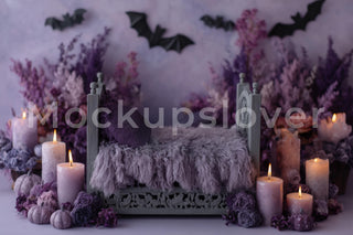 Newborn Digital Photography Background, Halloween Purple Studio Baby Girl Prop, Bats, Candles, Wood Bed, Photoshop Composite Template