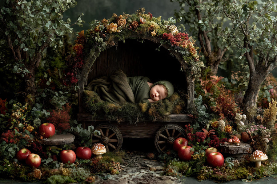 woodland baby boy or girl with autumn apple orchard background, ideal for newborn photography and photoshop composites