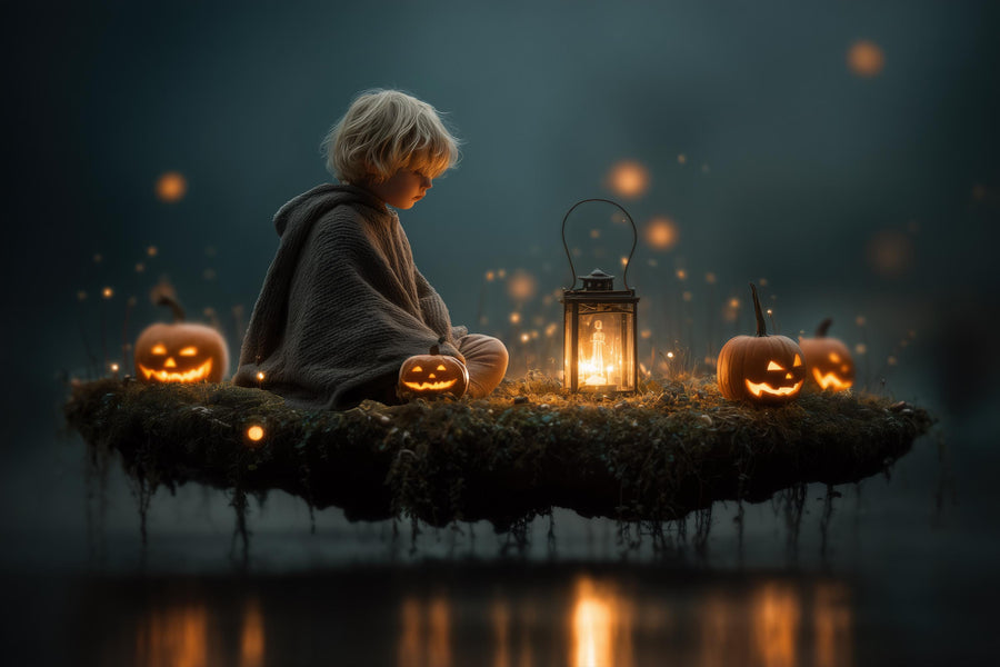 kids with pumpkins in a fantasy halloween scene, digital backdrop for photo shoots