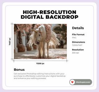 Unicorn Digital Photography Background, Princess Backdrop, Fairy Castle, Wings, Kids Photo Prop, Photoshop Composite