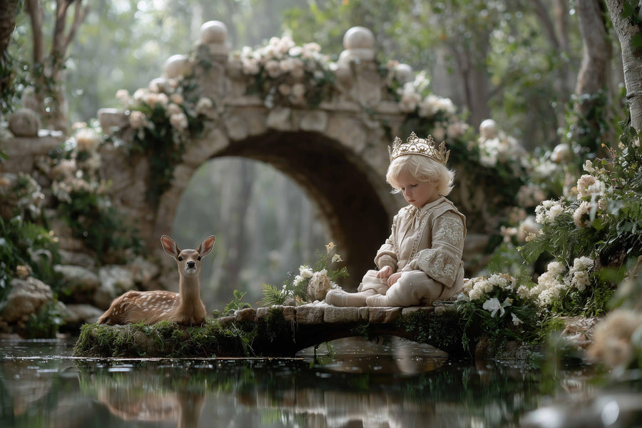 fairy tale prince digital background with deer and pond in forest setting