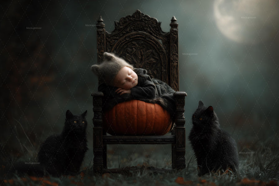 baby face swap with black cat and moon in night sky backdrop, ideal for halloween photography