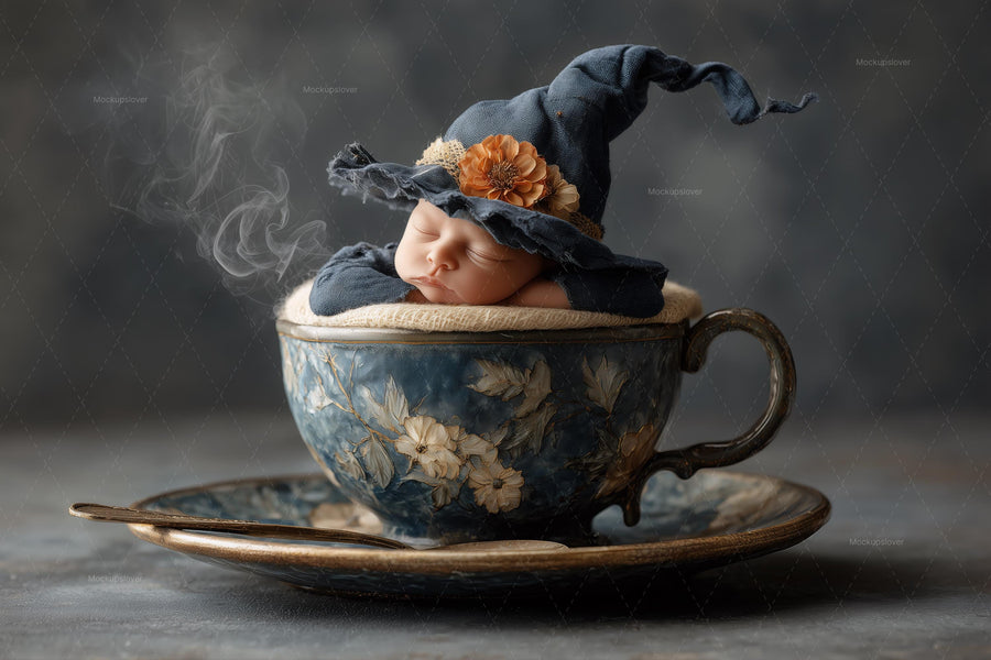 baby girl in halloween costume with witches brew backdrop, digital overlay, and props for festive newborn photos