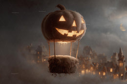 Newborn Digital Photography Background, Jack o Lantern Hot Air Balloon, Pumpkin Backdrop, Halloween Village, Baby Prop, Photoshop Template