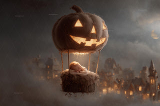 baby with pumpkin backdrop, halloween village scene, digital photo prop, photoshop template for newborn photos