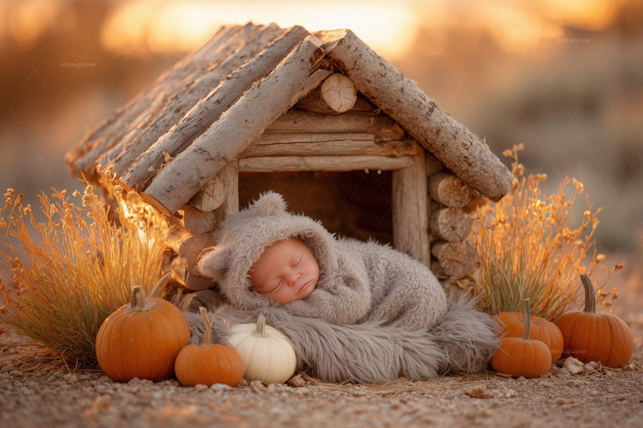 baby with pumpkin backdrop, fall leaves, rustic farm scene, newborn photography prop