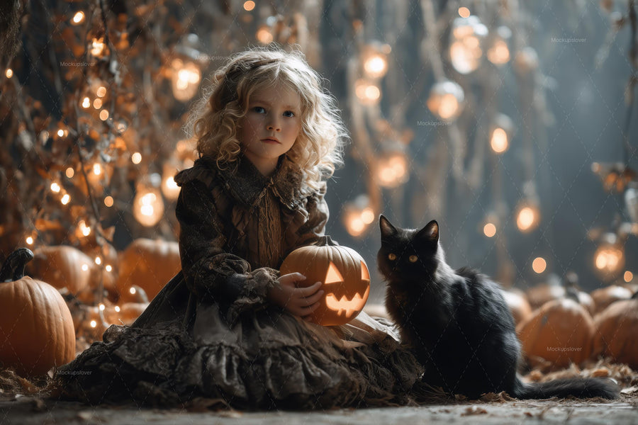 halloween scene with black cat and pumpkin path, ideal for kids' portrait photography backdrop