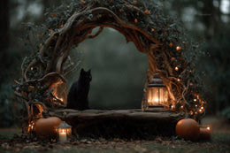 Gothic Halloween Forest Arch Digital Background, Haunted Forest, Black Cat, Pumpkins, Lantern Backdrop, Children Creative Composite Prop