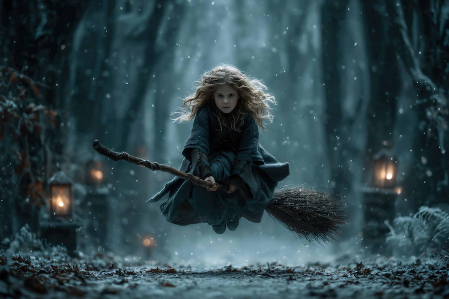witch broom in haunted forest halloween backdrop for digital photography