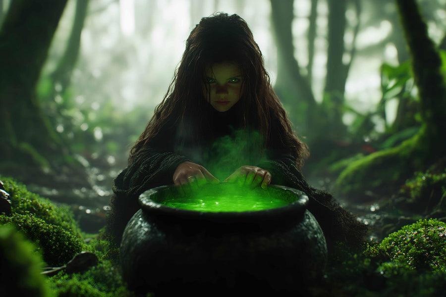 witch cauldron scene for halloween photos, digital backdrop, outdoor composite, kid and pet prop