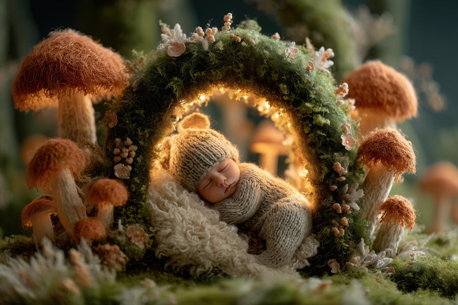 baby in fantasy forest scene with mushrooms, autumn leaves, and fairy elements, ideal for newborn photography