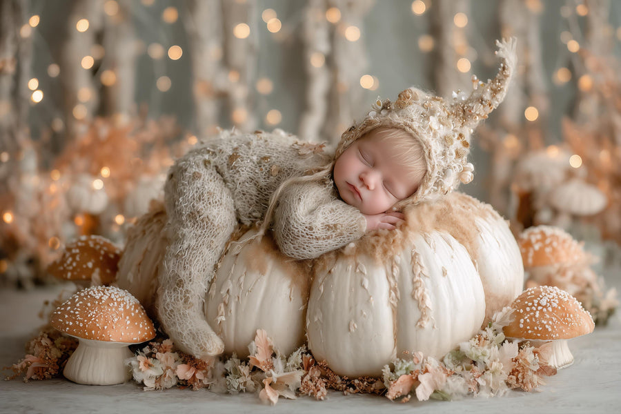 baby face swap with pumpkin backdrop, autumn studio scene for newborn photography