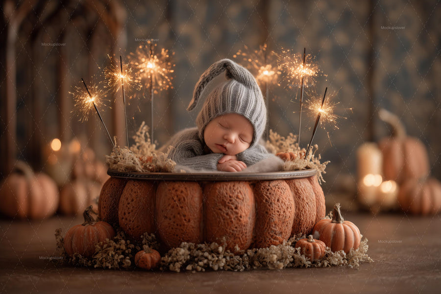baby with pumpkin backdrop and string lights, perfect for halloween and fall photos