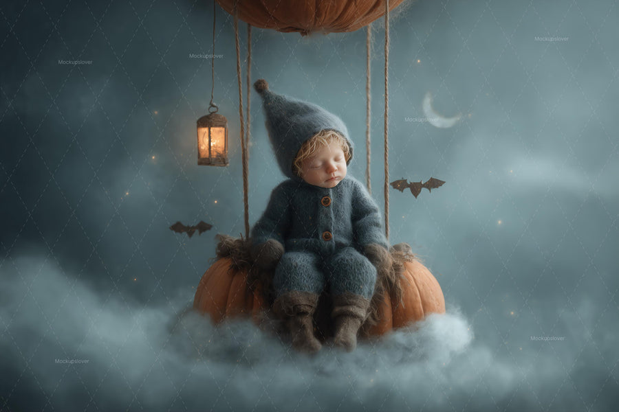 baby face swap overlay with pumpkin and hot air balloon scene, halloween digital backdrop for newborn photography