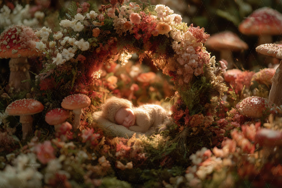 woodland baby scene with mushrooms and trees, ideal for digital photography backgrounds