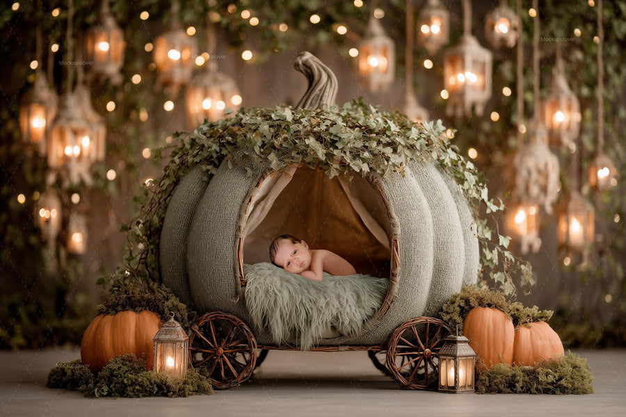 baby in pumpkin carriage scene, woodland backdrop, perfect for newborn photography