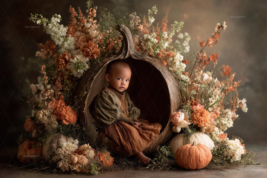 fall pumpkin digital backdrop with autumn leaves and floral elements, suitable for studio or digital photography