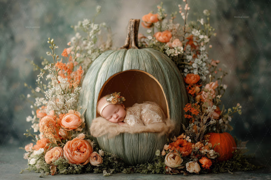 baby with pumpkin cradle in fall backdrop, perfect for newborn photography