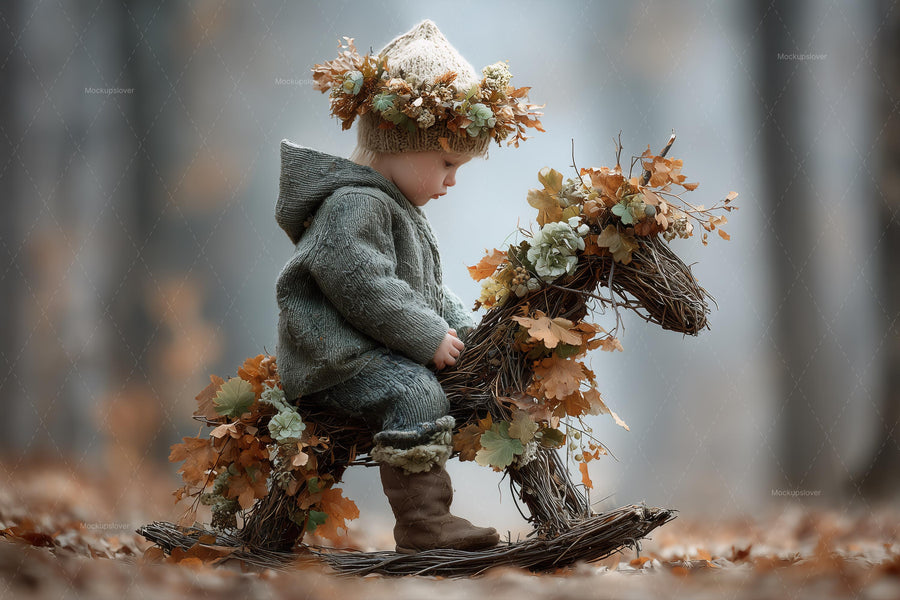 kids in autumn forest scene with leaves and fairy-tale elements, perfect for photo shoots