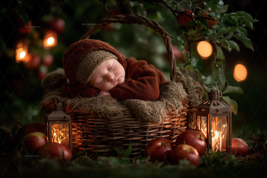 baby in a rustic fall farm scene, perfect for newborn photography backdrop