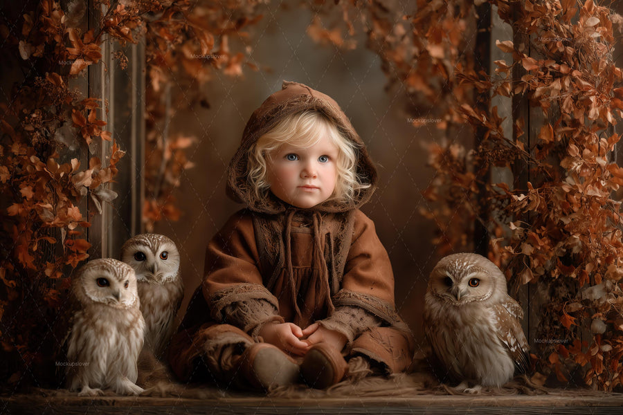 woodland creatures scene with owl and fall leaves, ideal for kids and baby photos, digital backdrop for photography
