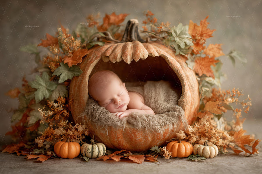 baby with pumpkin cradle scene, fall floral backdrop, digital studio background, newborn portrait prop