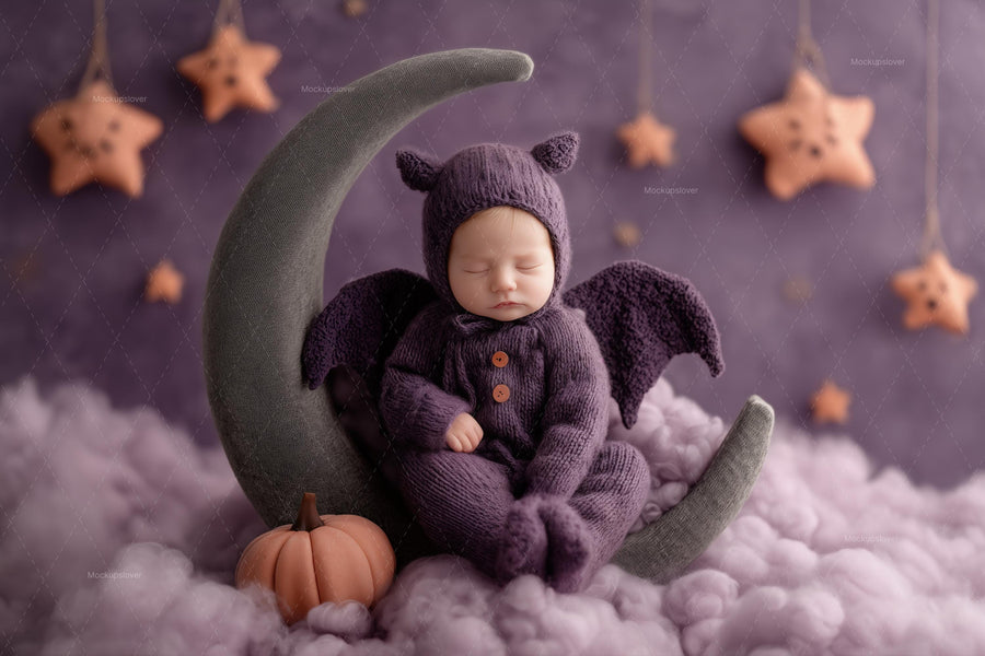 newborn baby with halloween backdrop, bat face swap, crescent moon, pumpkins, studio photo background