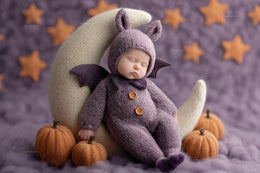 digital halloween backdrop with bat face, crescent moon, pumpkin, perfect for kids' spooky photos
