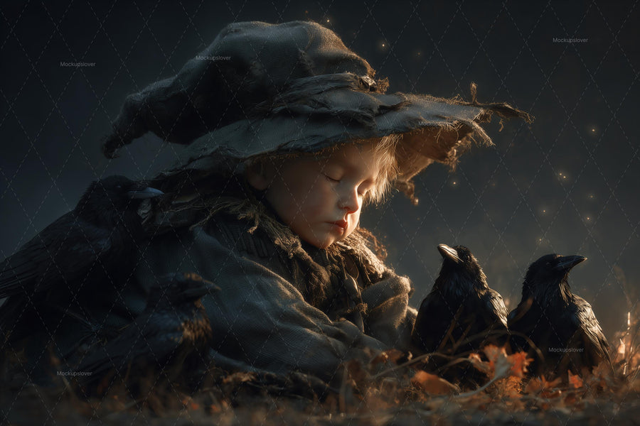 scarecrow face overlay with ravens in a haunted forest, perfect for halloween-themed digital backdrops