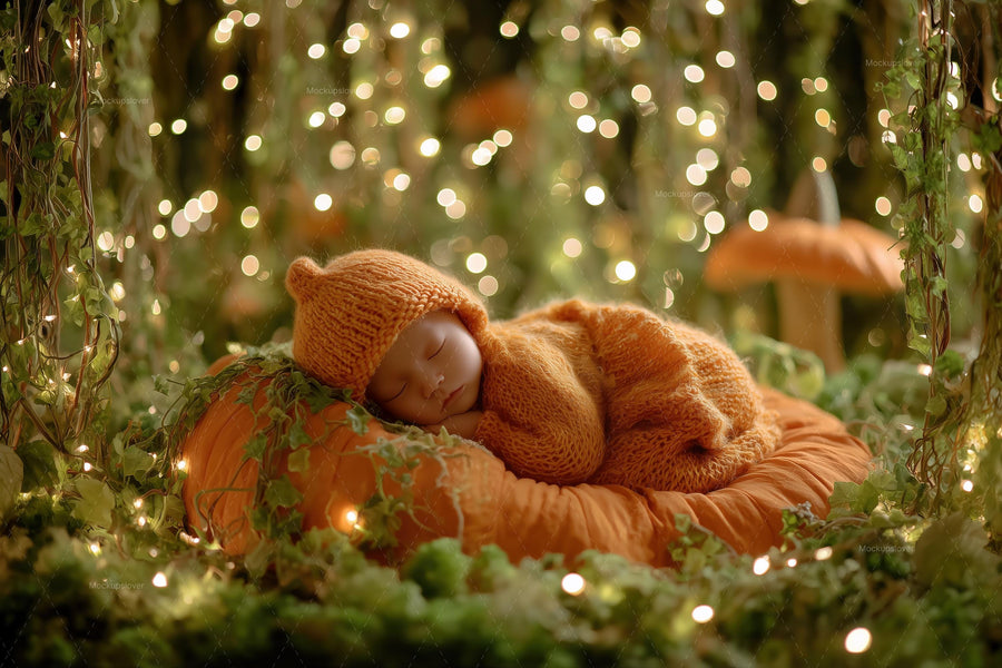 baby in fantasy forest scene with fairy lights, pumpkin, and face swap overlay, ideal for fall photo sessions