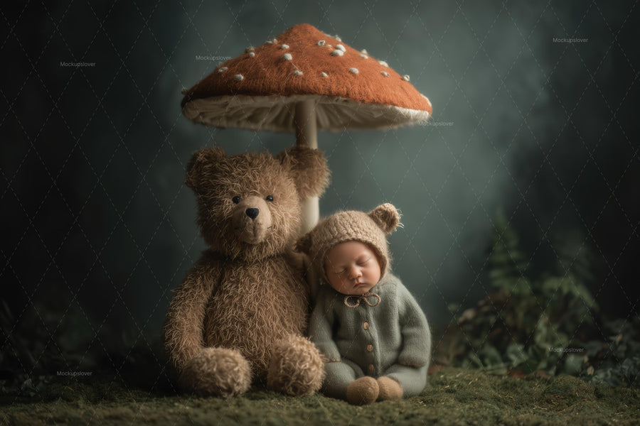 newborn baby face swap overlay with teddy bear and magic mushroom in fantasy forest backdrop