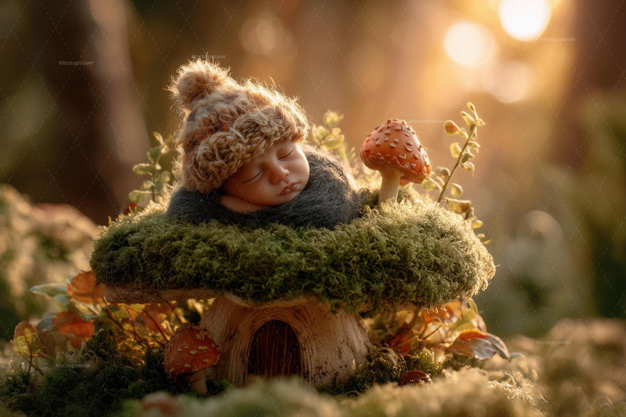 baby with magic giant mushroom in fall fantasy forest backdrop, perfect for newborn photography