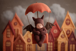 newborn baby in halloween village backdrop, face swap overlay, digital photography template