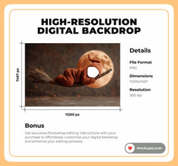 Witches Broom Newborn Digital Photography Background, Halloween Backdrop, Baby Prop, Face Swap Overlay, Harvest Moon, Photoshop Template