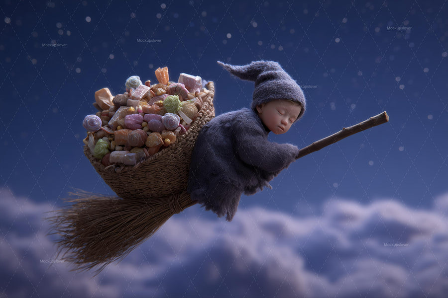 baby with witch besom in halloween digital background, face swap overlay, photoshop template