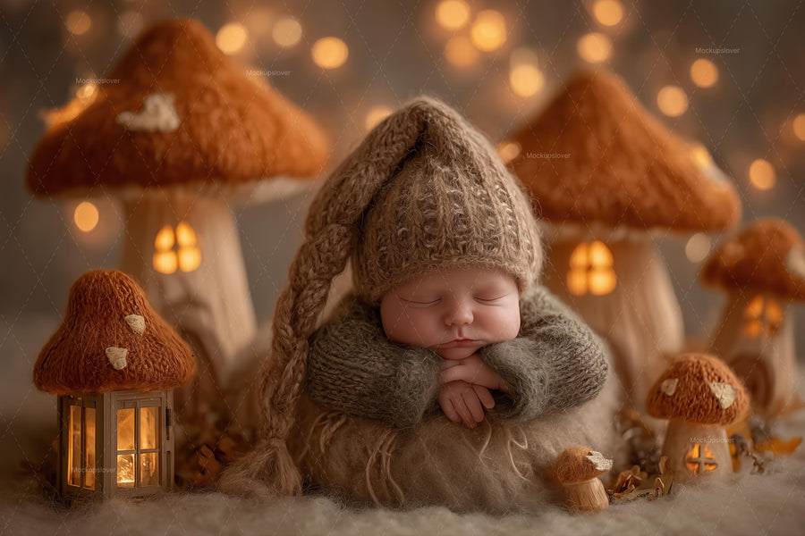 newborn portrait with woodland baby prop and magic mushrooms in fantasy forest backdrop