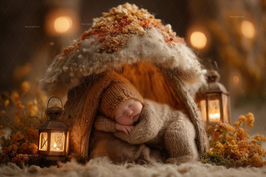 newborn in mushroom house with fall leaves in fantasy forest, woodland baby photography template