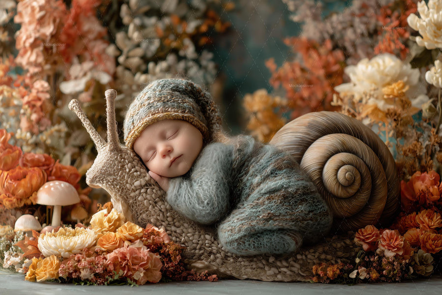 newborn face swap with snail overlay in fantasy forest backdrop featuring woodland creatures