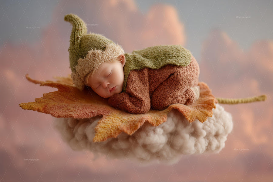 baby with autumn giant leaf backdrop, elf face swap overlay, digital photography prop, perfect for studio and outdoor shoots