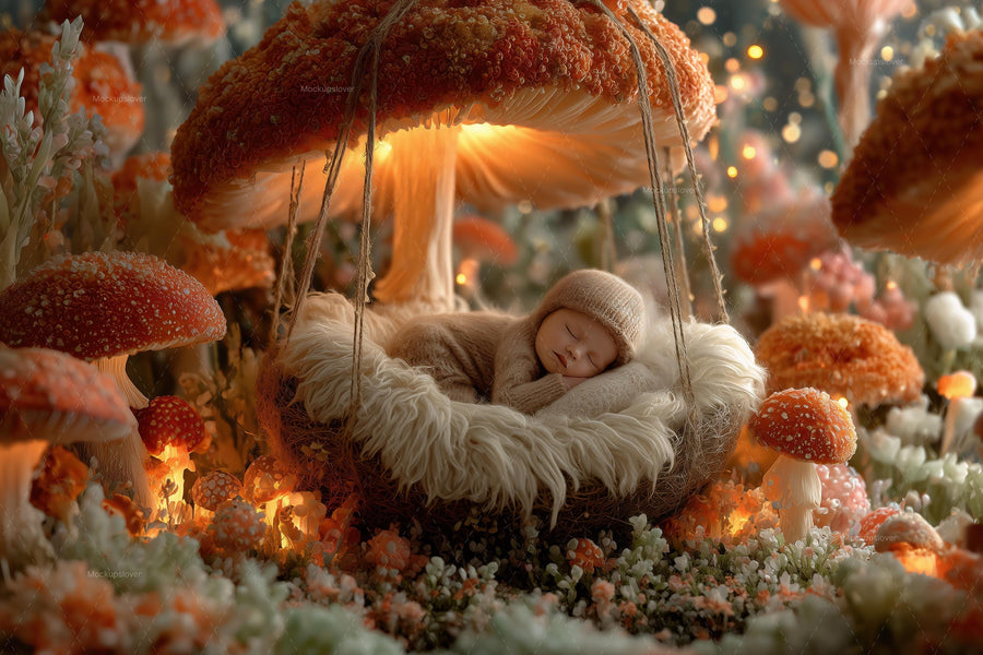 baby in fantasy forest with magic mushroom and fairy scene for studio photos