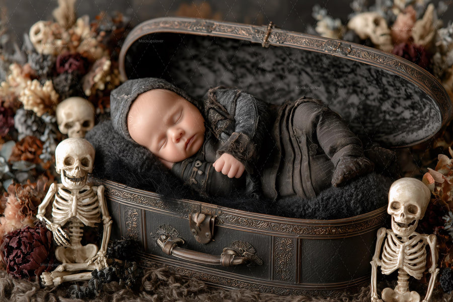 baby with skeleton and halloween backdrop, vintage suitcase scene, perfect for spooky newborn photos