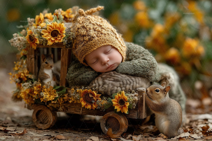 newborn with woodland creatures on rustic fall backdrop, perfect for photoshop and baby face swap overlays