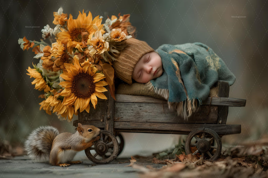 woodland baby scene with forest creatures, ideal for newborn photography backdrop, face swap overlay, photoshop template