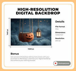 Halloween Pumpkin Newborn Digital Photography Background, Lantern Backdrop, Dreamy Baby Boy Girl Prop, Night Sky, Photoshop Template