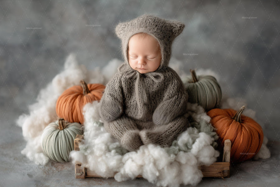 baby with pumpkins on fall backdrop, studio photo prop, face swap overlay, photoshop template