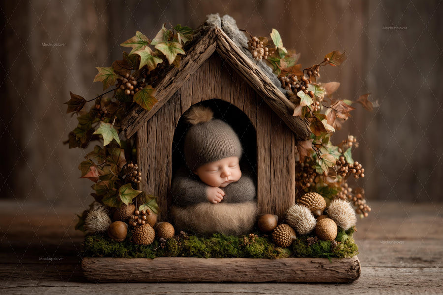 newborn sleeping on a rustic wooden backdrop in a fantasy autumn forest