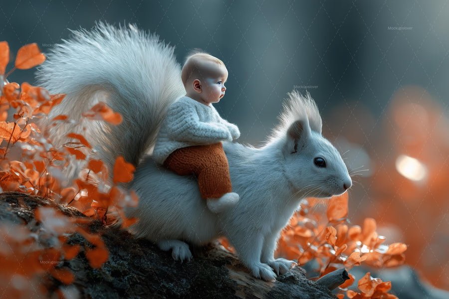woodland creatures and fall leaves scene, ideal for kids and baby photo shoots, photoshop template