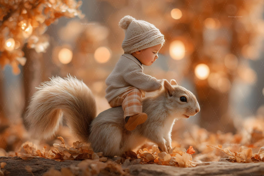 squirrel in fall fantasy forest with woodland creatures and autumn leaves